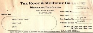 1937 THE ROOT & McBRIDE CO CLEVELAND OHIO DRY GOODS BILLHEAD INVOICE Z518