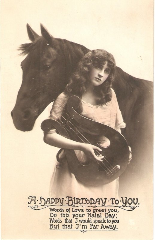 Horse and lady with music instrument  Nice vintage Birthday Greetings PC
