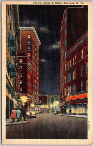 Bluefield West Virginia W. VA., Federal Street at Night, Vintage Postcard