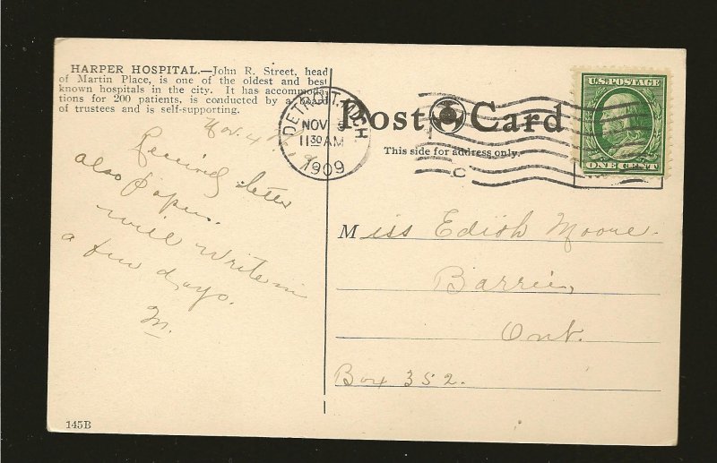 USA Postmark 1909 Detroit Mich Harpers Hospital Detroit Color Postcard