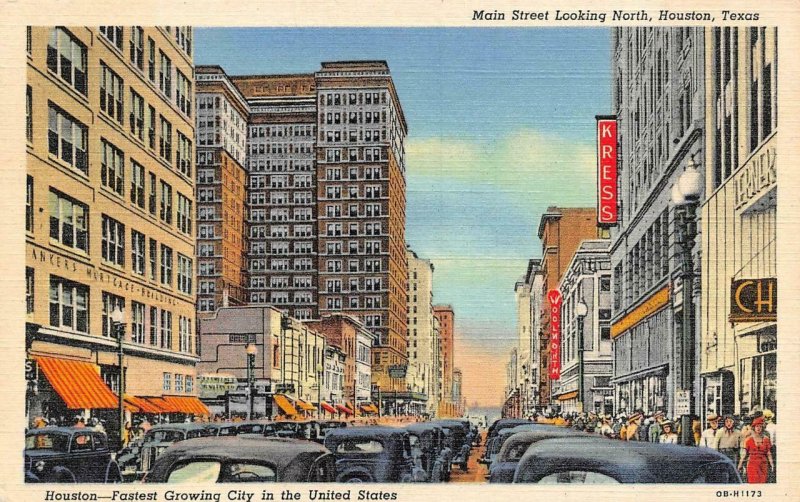 HOUSTON, Texas TX   MAIN STREET SCENE  Kress~Woolworths~Cars  ca1940's Postcard