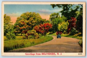 1940 Belvidere New Jersey NJ Vintage Postcard Greetings Classic Car Road Trees