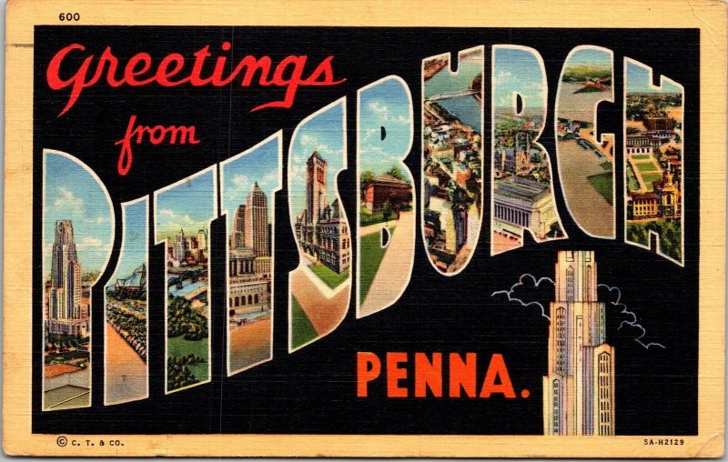 Greetings From Pitssburg Pennsylvania PA Large Letters Linen Postcard PM Cancel