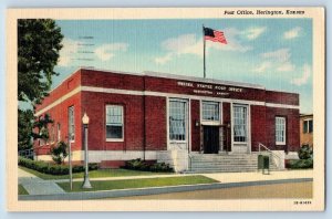 Herington Kansas KS Postcard Post Office Exterior Building Flag c1947 Vintage