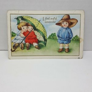 Children Umbrella Lonesome Vintage Postcard