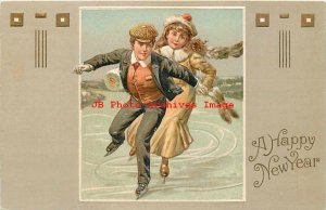 New Year, W V No 6411-1, Boy & Girl Ice Skating, Art Nouveau