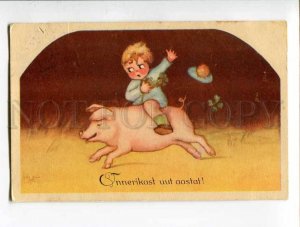 3052991 Little Boy on Pink Plump PIG vintage NEW YEAR