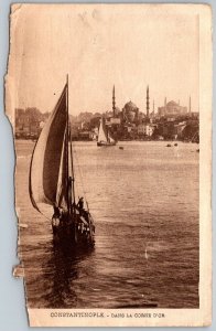Constantinople Turkey c1910 Postcard Dans La Corne D'Or Sailboat Mosque damage
