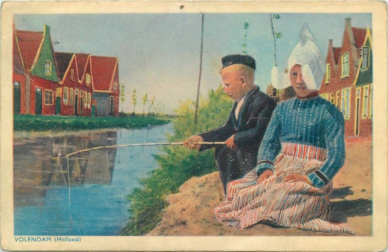 Postcard Netherlands Volendam boy fishing children types folk costumes