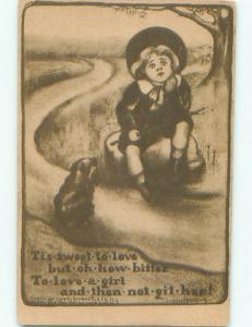 Pre-Linen signed DOG WATCHES BOY WITH FISHING POLE J3335