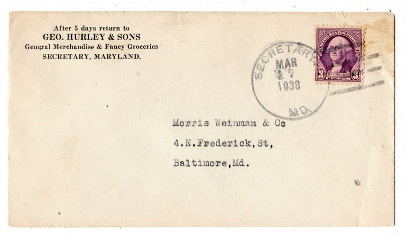 1938 SECRETARY MARYLAND MD GEO HURLEY & SONS GENERAL MERCHANDISE COVER/ENVELOPE