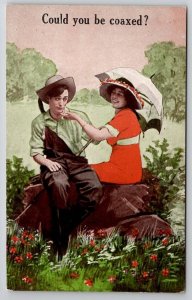 Man and Women with Umbrella Flirting Could You Be Coaxed Postcard H27