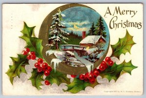 A Merry Christmas, Holly, Rural Winter Scene, Antique 1907 H.I. Robbins Postcard