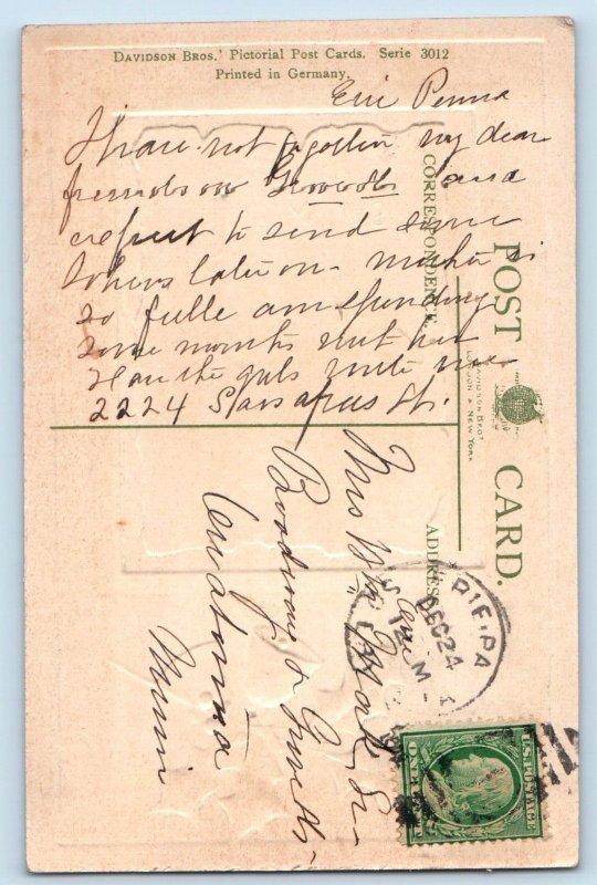 Christmas Postcard House Winter Scene Bell Berries Embossed c1910's Antique