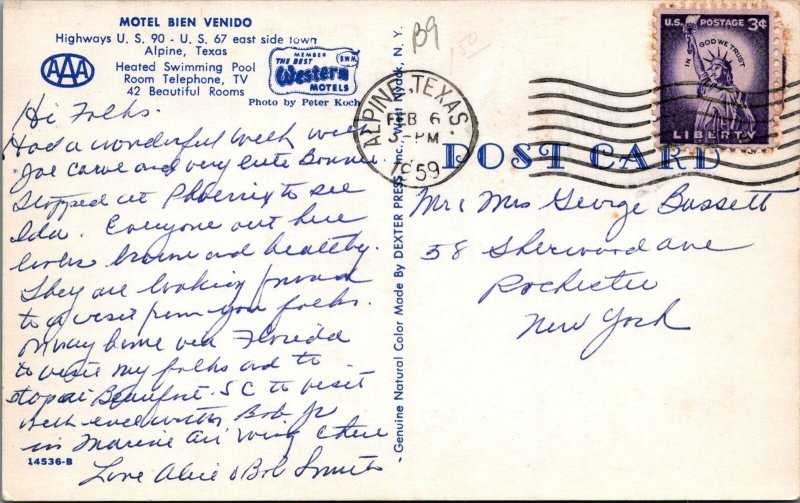 Postcard Bien Venido Alpine Texas TX 1959