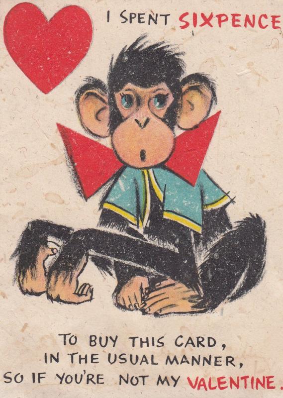 Monkey Chimpanzee Sixpence Coin 1950s Comic Valentines Card