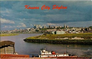 Kansas City Skyline River Scene Rev Raveill Dunlap Vintage Postcard Kolor Boat 