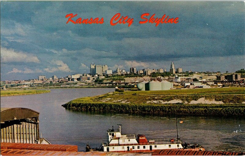 Kansas City Skyline River Scene Rev Raveill Dunlap Vintage Postcard Kolor Boat 