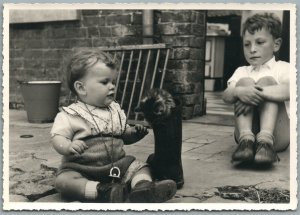 BOYS & CAT IN THE BOOT ANTIQUE REAL PHOTO POSTCARD RPPC