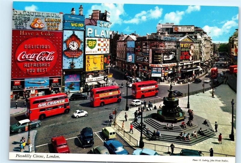 *Piccadilly Circus London Double Decker Bus Coca Cola Sign Old 4x6 Postcard B93