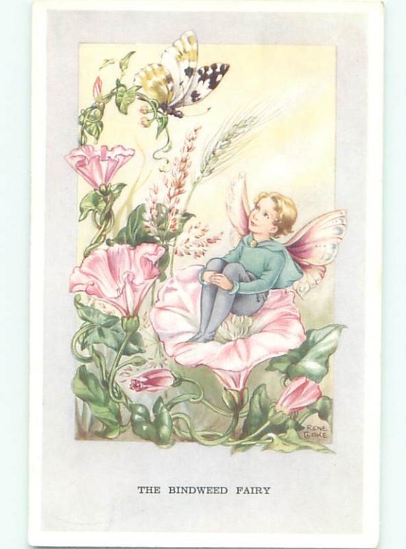 Pre-Linen signed RENE CLOKE - FAIRY ANGEL IN BINDWEED FLOWER & BUTTERFLY AC1457