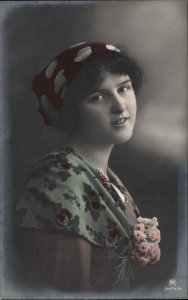 Beautiful Woman Head Shot Studio Portrait Tinted Flower RPPC Real Photo Postcard