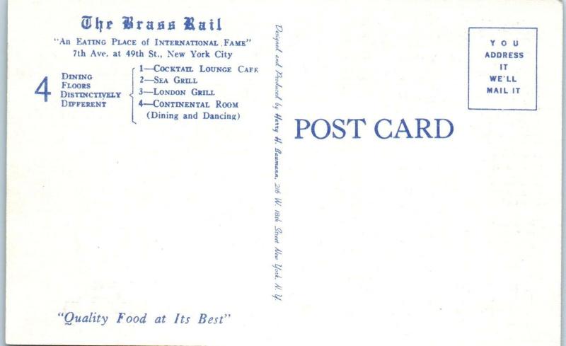 NEW YORK, NY   BRASS RAIL Restaurant DINING on 4 Floors  c1940s Linen  Postcard