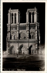 Vtg Paris La Nuit Notre Dame at Night France RPPC Real Photo Postcard