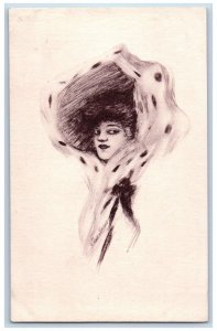 Cobb Shinn Artist Signed Postcard Woman Hand Drawn Big Bonnet c1910's Antique