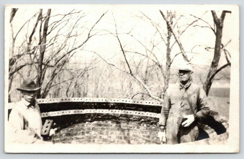 RPPC Father & Son @ Work~Bricklayers Build Circular Brick Lookout? 1918 Postcard 