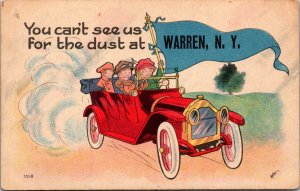 Postcard NY Warren auto pennant You can't see us for the dust signed Witt