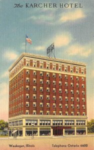 WAUKEGAN, IL Illinois  KARCHER HOTEL  Roadside  LAKE CO  c1950's Linen Postcard