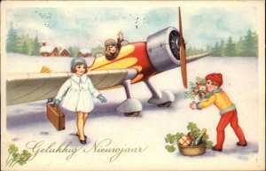 Netherlands New Year Gelukkig Nieuwjaar Children Old Airplane Vintage Postcard