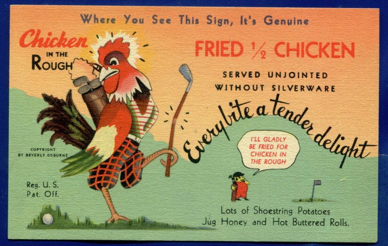 Chicken in the Rough Mid-City Grill Dearborn Michigan old linen postcard