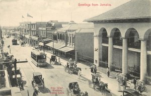 Vintage Postcard Kingston Jamaica King Street Trolley Nova Scotia Bank Caribbean