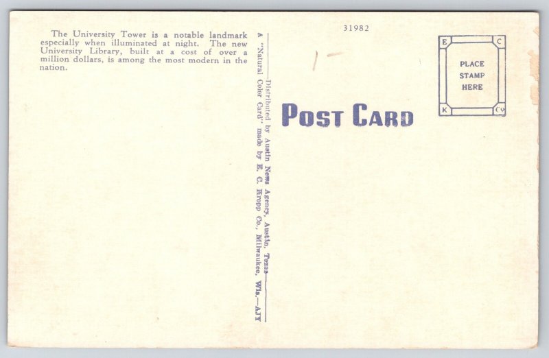 Austin Texas~University Tower Night View~Clock~Illuminated~Linen 1940s Postcard