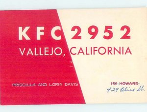 Pre-1980 RADIO CARD - CB HAM OR QSL Vallejo California CA AH2196