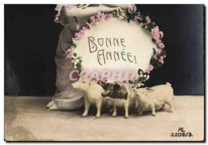 Old Postcard Cochon Pig Woman Happy new year