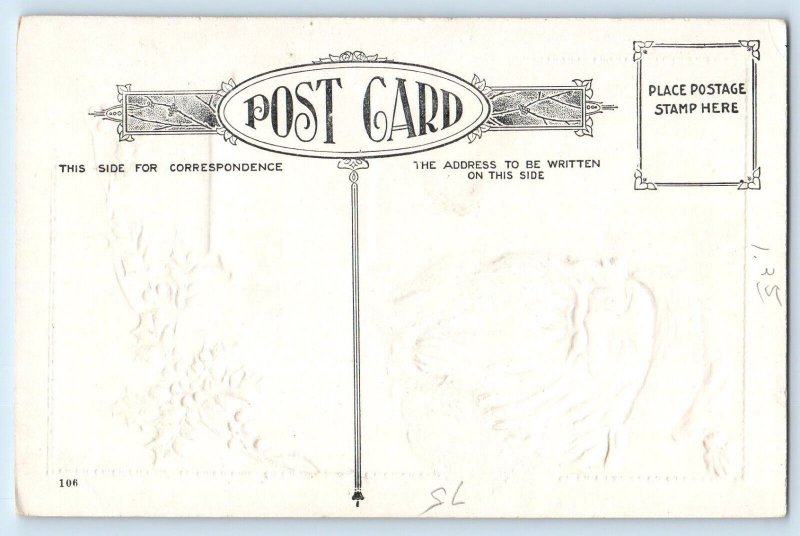 c1910's Christmas Santa Claus Holly Berries Winter Scene Embossed Postcard