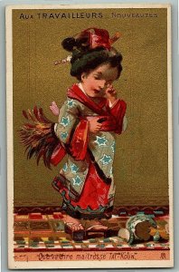  c1880s Aux Travailleurs French Trade Card Victorian Cute Oriental Girl 