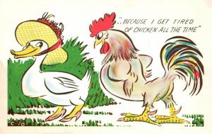 Vintage Postcard Duck And Rooster Because I Get Tired Of Chicken All The Time