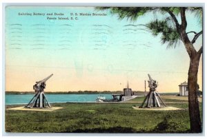 Saluting Battery Docks US Marine Barracks Parris Island SC Handcolored Postcard