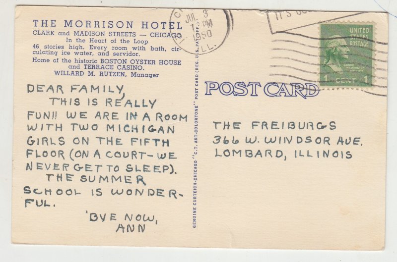 P3113 1950 Postcard the morrison hotel clicago IL, buses trolly and cars