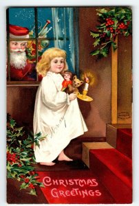 Santa Claus Christmas Postcard Ellen Clapsaddle Girl Lit Candle Toys Germany