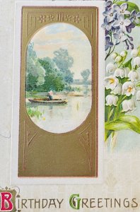 Antique 1900s German Postcard Birthday Embossed Raised Boat Floral Painting