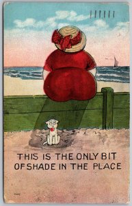 Only Bit Of Shade In The Place 1920 Comic Humor Postcard Woman Beach Dog Shade