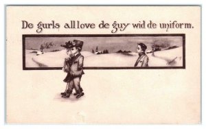 Signed Artist COBB SHINN ~ De GURLS all LOVE de GUY in UNIFORM c1910s Postcard