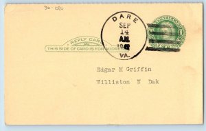 DPO Dare Virginia VA Postcard Edgar M Griffin Williston North Dakota ND 1942