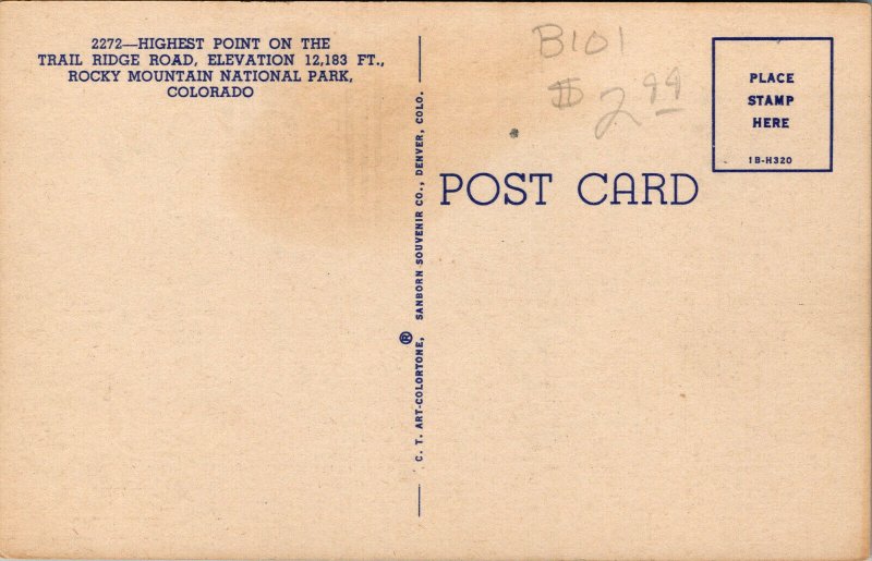 Vtg 1940s Trail Ridge Road Rocky Mountain National Park Colorado CO Postcard