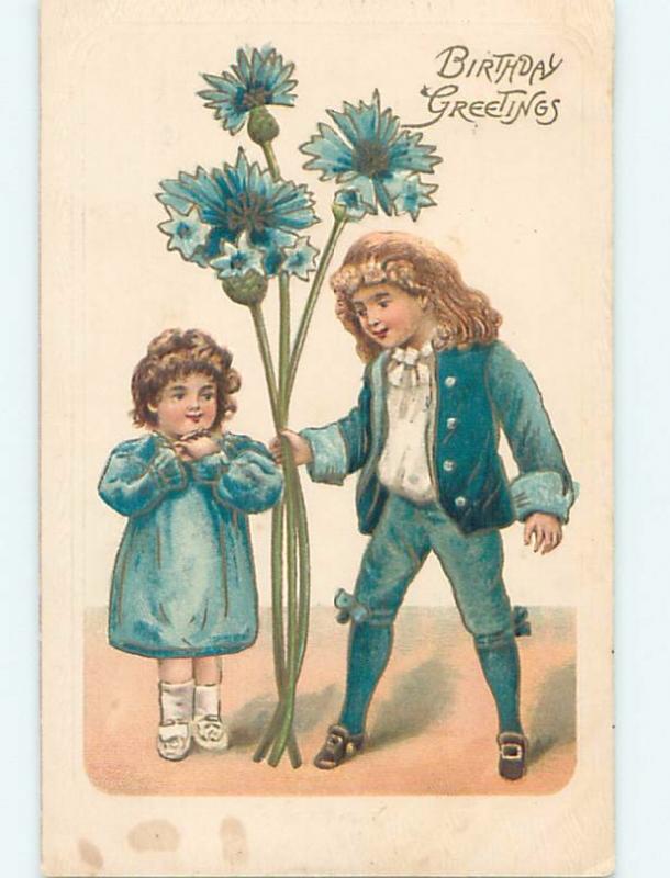 Pre-Linen exaggeration GIRL AND BOY WITH GIANT BLUE FLOWERS HL5199